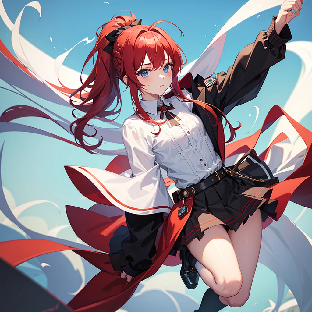 1girl, solo,Ponytail,Red Hair,MASHIROIRO SYMPHONY, INUI SANA,Showing the panties,masterpiece,best quality,highres,ultra-detailed,inui sana,blue eyes,long hair,red hair,high ponytail,ahoge,braid,hair between eyes,bangs,hair bow,neck ribbon,long sleeves,white jacket,collared shirt,juliet sleeves,white skirt,(black socks:1.2)
