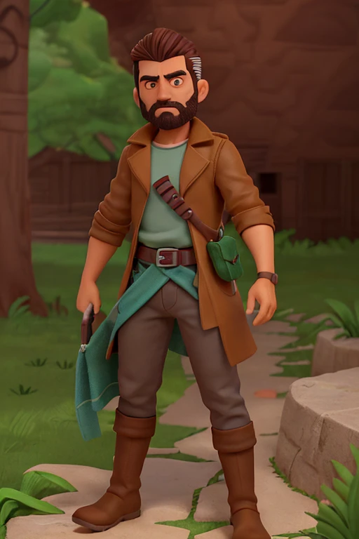Aric Thorne is a 32-year-old man, of medium height, com 1,78m de altura. He has an athletic build, with well-defined muscles from years of training and adventures. Your skin is tanned by the sun, marked by some scars that tell stories of past battles. Aric possui olhos verde-esmeralda penetrantes, que parecem enxergar a alma das pessoas. His hair is dark brown, levemente ondulados, and he keeps them cut in a practical way, na altura dos ombros. Uma barba rala cobre seu rosto, giving it an air of rusticity and experience.
He wears practical clothes for adventures: uma camisa de linho leve, mas resistente, reinforced leather pants, high traveling boots and a leather coat with multiple buckles and pockets. Aric always carries a belt with him with different utensils, incluindo uma faca de arremesso, some healing potions and small explosives. Um manto esverdeado com capuz, which allows it to blend in with the vegetation, is your favorite clothing item.