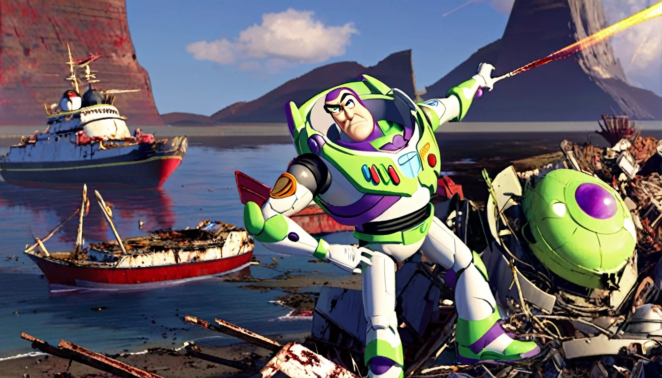 (Sean Connery as Buzz Lightyear), he is searching a wrecked vessel for survivors. The vessel shows signs of bloody battle vs aliens. Gritty scifi horror. Show him from head to toe