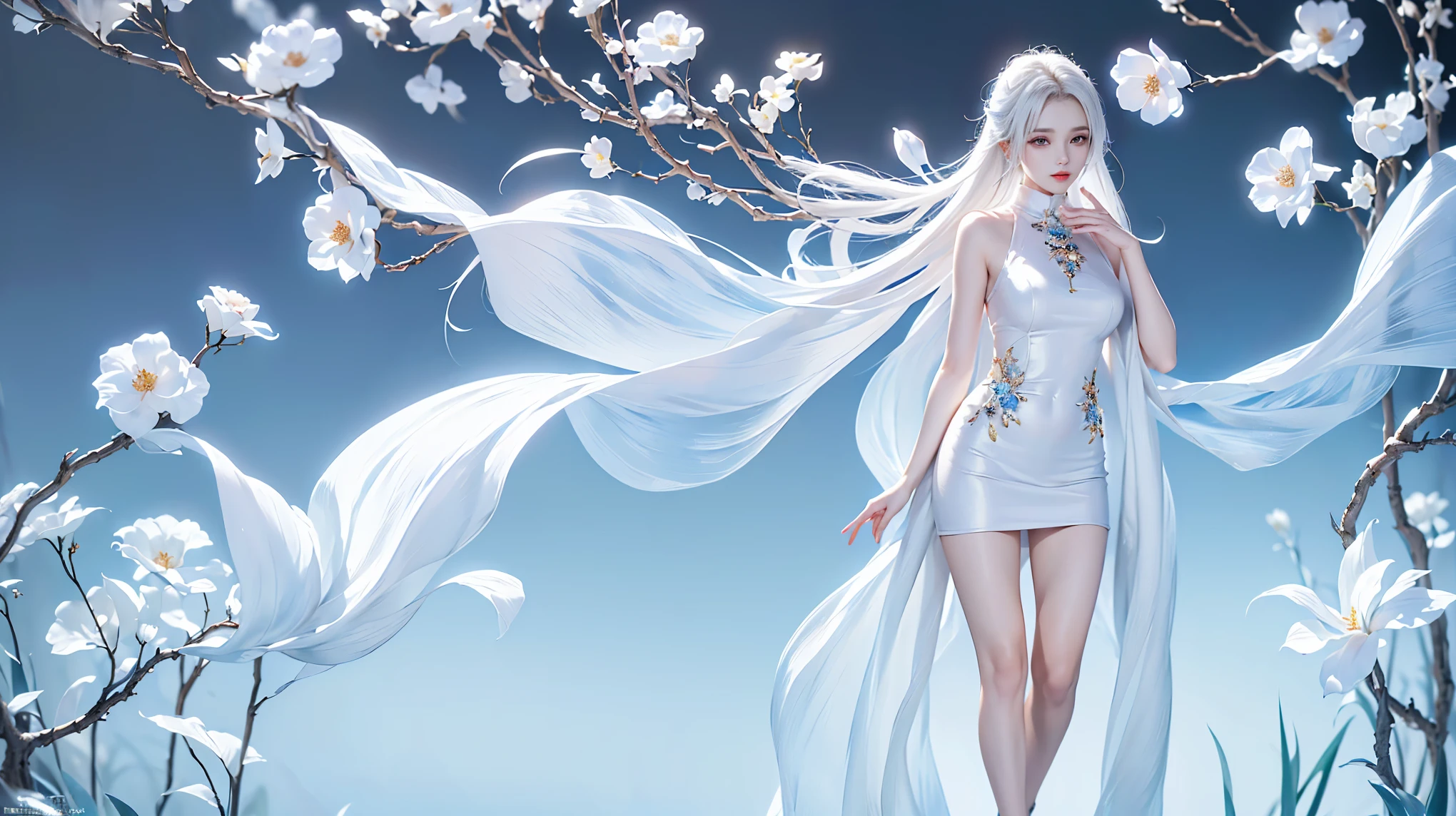 ((Full body image))((masterpiece:1.5、8k、Portraiture、Photorealistic and very detailed CG、Very detailed、Particle Effects、Dynamic Effects、Written boundary depth、Cinematic Light、Lens flare、Ray Tracing、Tabletop、Realistic:1.4、超A high resolution:1.2、Realistic、Realistic))((alone、,Woman in turtleneck dress:1.4、Model-like pose:、Side bust、Ample breasts、Detailed face、brightexpression、young, bright, Whiter skin、Best Looks、Ultimate beauty、White hair with shiny highlights:1.8、bright and shiny hair,、Super long, Silky straight hair、Hair swaying in the wind))(Wonderful transparent flower々Surrounded by、White Background、Great background、Thin petals fluttering down)