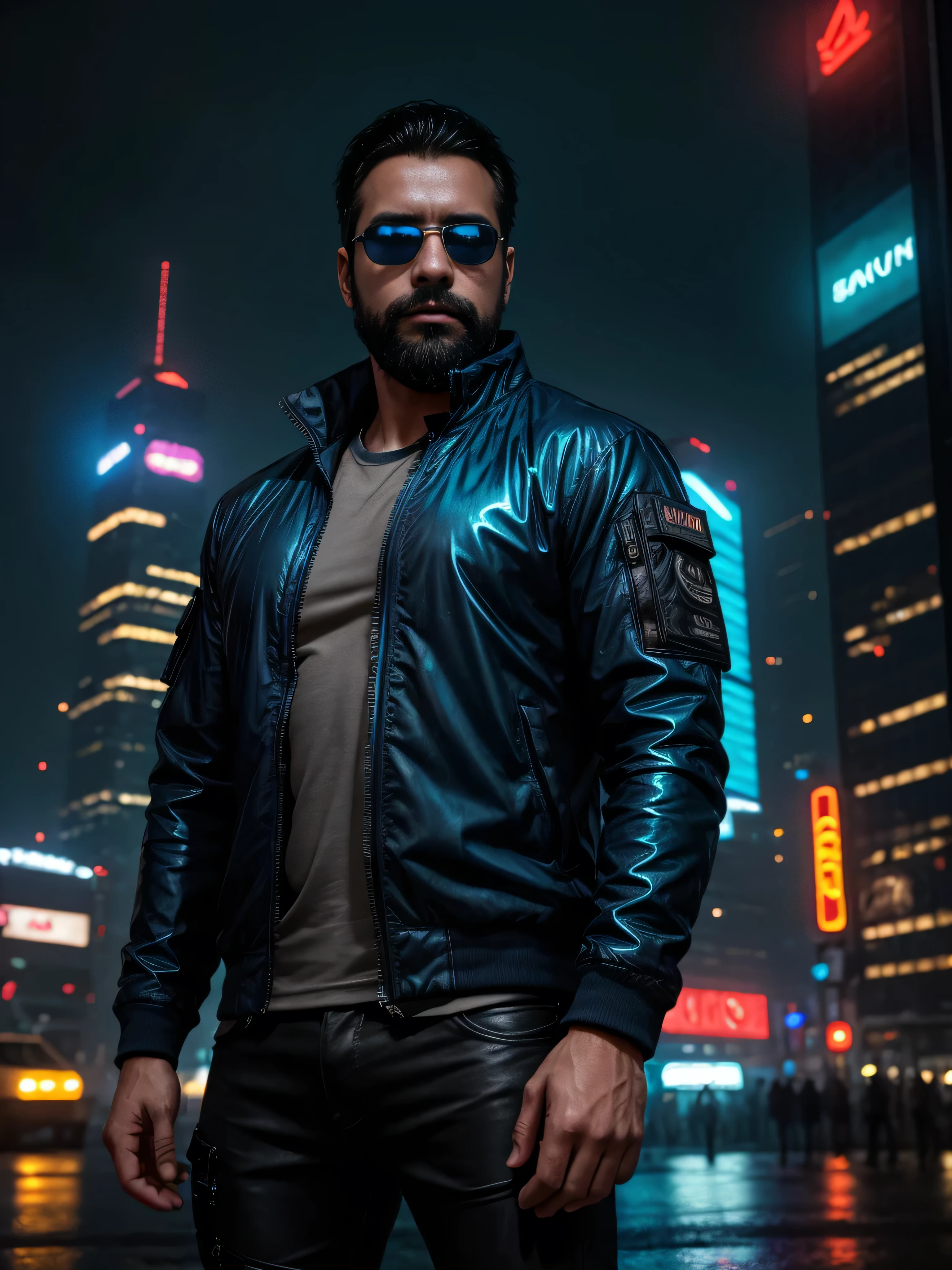 Create an ultra-detailed digital art image featuring a very masculine 38-year-old man with a beard and wearing dark sunglasses. He is shown in a medium shot, displaying the upper part of his body. The setting is a cyberpunk cityscape at night, with neon lights and futuristic skyscrapers in the background. He wears a sleek, high-tech jacket with glowing blue accents over a dark, tactical shirt. The scene is filled with vivid neon signs and a bustling urban atmosphere, with rain glistening on the streets and reflections adding depth. His expression is intense and focused, embodying the essence of a cyberpunk hero. The image should be rich in detail, capturing the texture of his clothing, the shine of his sunglasses, and the vibrant energy of the futuristic city environment.