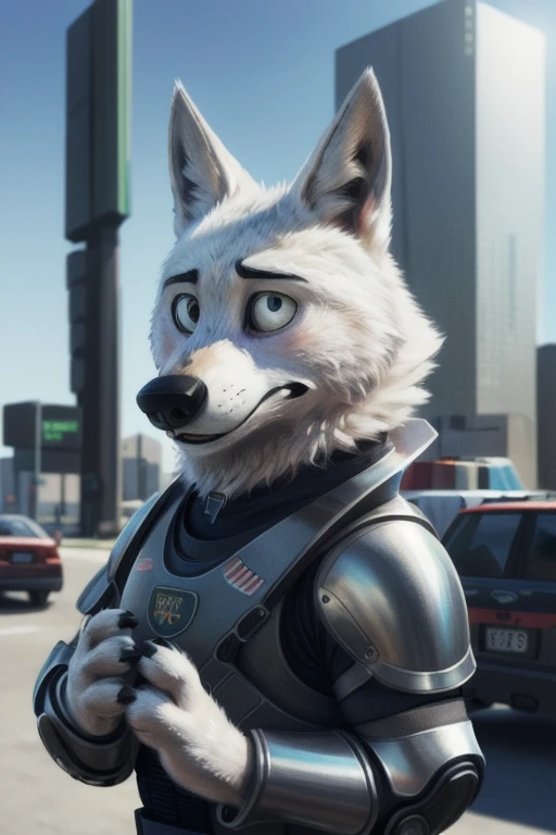 cute cartoon of a (gary \(zootopia\)) wearing a (futuristic military armor), solo, wolf, white fur, BREAK, city backweapon in your hands (intricate, high detail, film photography, soft focus, RAW candid cinema, photorealism, realistic, photorealistic, analog style, subsurface scattering, masterpiece, best quality, ultra realistic, 8k), 