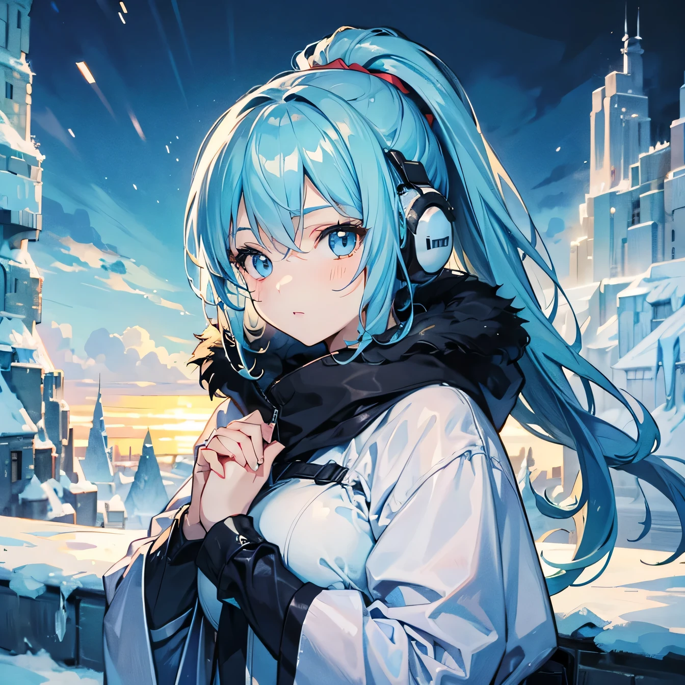 Anime Moe Art Style,highest quality,High resolution,Anatomically correct,One Girl,Mid-teens,A girl with light blue hair in a ponytail,Super detailed,Fantasy World,Cold weather clothing,Fluffy earmuffs,Big Breasts,A rich expression,A cold look,Rubbing his hands together,Outdoor,Ice-covered continent,Eyes drawn in detail,8K