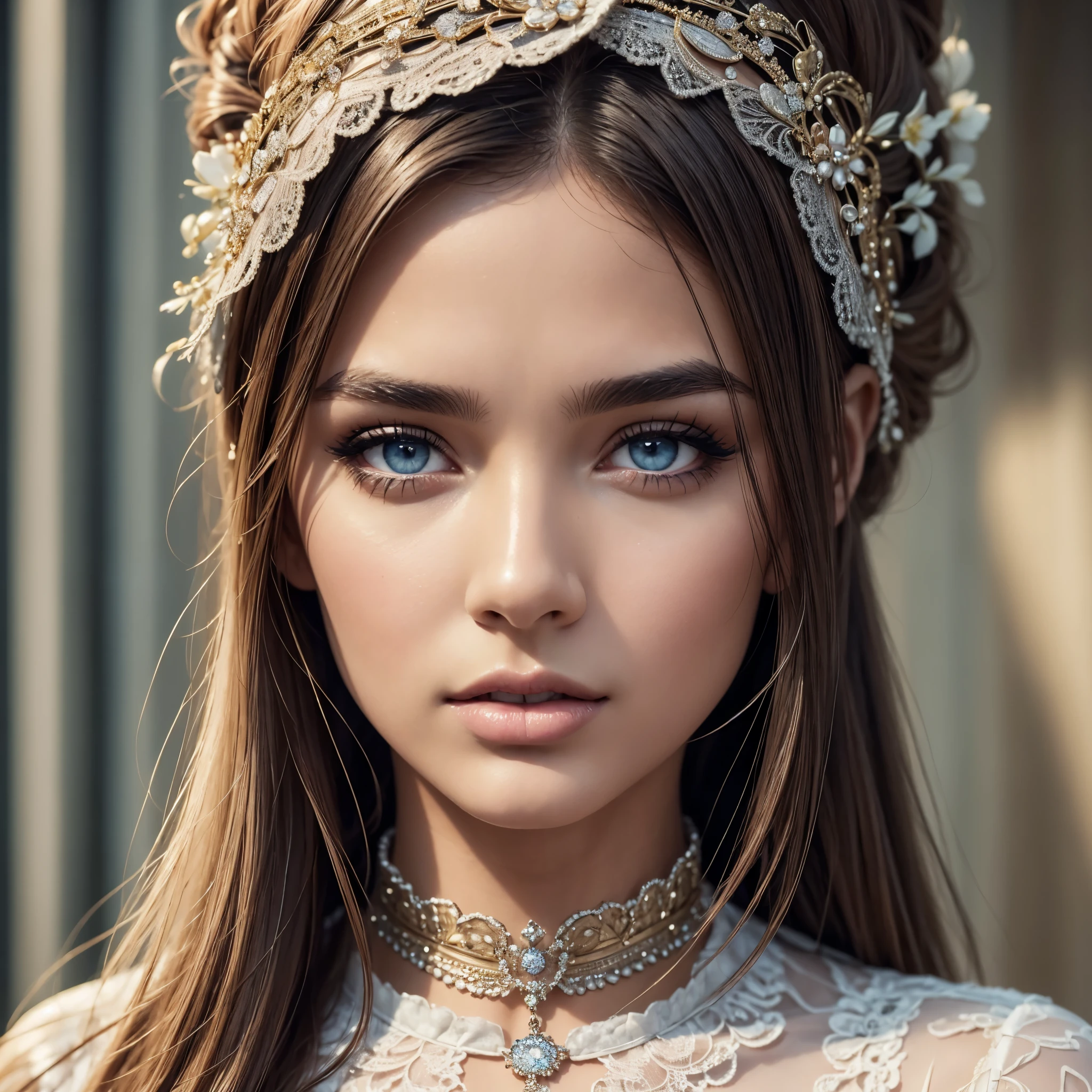a girl with a collar, 1girl, beautiful detailed eyes, beautiful detailed lips, extremely detailed face and eyes, long eyelashes, detailed skin and hair, intricate collar, high fashion, elegant, detailed clothing, soft lighting, cinematic, photorealistic, 8k, high resolution, masterpiece, ultra-detailed, realistic, vivid colors, warm color palette