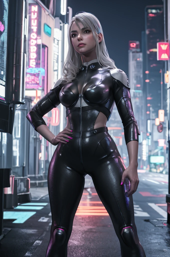 A person wearing a sleek silver jumpsuit embedded with light-up circuitry, standing confidently with her hands on her hips in front of a cyberpunk cityscape, neon signs flickering, holograms floating by, dusk sky overhead, urban and high-tech, digital painting, ultra clear, 8k, cinematic.