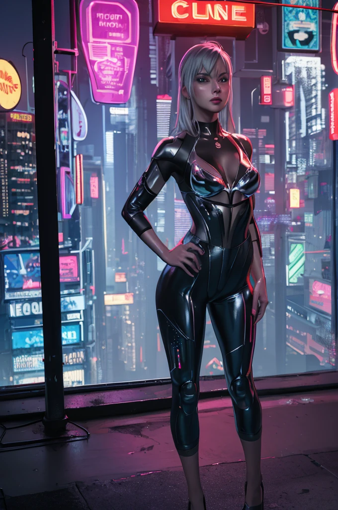  A person wearing a sleek silver jumpsuit embedded with light-up circuitry, standing confidently with her hands on her hips in front of a cyberpunk cityscape, neon signs flickering, holograms floating by, dusk sky overhead, urban and high-tech, digital painting, ultra clear, 8k, cinematic.