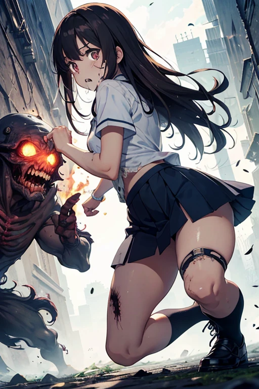 (Woman fighting ugly zombie monsters,Browsing Caution)、(masterpiece,highest quality,Beautiful face and eyes in every detail:1.2,Perfect Anatomy,Beautiful illustrations:1.2,Best Anime:1.2), Blake: Women get into fighting mode、、(Fantasy、a female wizard、Injury)、25 year old beauty、Brown Hair、Long Hair ,Blunt bangs,Brown eyes,wonderful,Painful expression、,Perfect Proportions,細身Body,skinny,Medium chest,naked,Glowing Skin,Highskin,Shiny skin,Kneel,、White collar shirt、Short sleeve、Blue tie、Navy Pleated Skirt、mini skirt:1.2、Black high socks、Loafer shoes、Zombie monsters have rotting bodies、Crumbled face、Biting a woman'Body:1.3、Five zombies in the background、Zombies in the background are blurred、Zombie on a burning background、Deep in the dark mountains、At night、moonlight、forest、Old shrine、