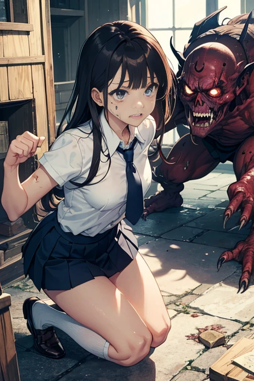 (Woman fighting ugly zombie monsters,Browsing Caution)、(masterpiece,highest quality,Beautiful face and eyes in every detail:1.2,Perfect Anatomy,Beautiful illustrations:1.2,Best Anime:1.2), Blake: Women get into fighting mode、、(Fantasy、a female wizard、Injury)、25 year old beauty、Brown Hair、Long Hair ,Blunt bangs,Brown eyes,wonderful,Painful expression、,Perfect Proportions,細身Body,skinny,Medium chest,naked,Glowing Skin,Highskin,Shiny skin,Kneel,、White collar shirt、Short sleeve、Blue tie、Navy Pleated Skirt、mini skirt:1.2、Black high socks、Loafer shoes、Zombie monsters have rotting bodies、Crumbled face、Biting a woman'Body:1.3、Five zombies in the background、Zombies in the background are blurred、Zombie on a burning background、Deep in the dark mountains、At night、moonlight、forest、Old shrine、