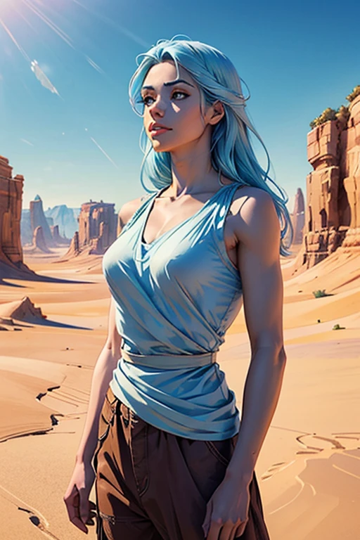 Lindamente desenhado, alta qualidade, ultra-detailed CG illustration of a young man with a serene expression, looking into the distance with her stunning light blue hair gently swaying in the desert breeze. The scenery behind him is vast and breathtaking, drawing viewers into a world of wonder and exploration.