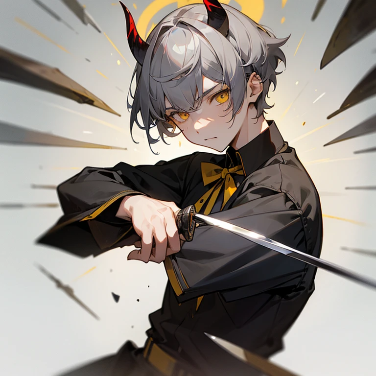 masterpiece, High resolution, 1 boy, , gray hair, Short Hair, bangs, Yellow Eyes, knife, knifeを持つ, anger, Demon Horns, 2 small horns, Western clothing, Upper Body,