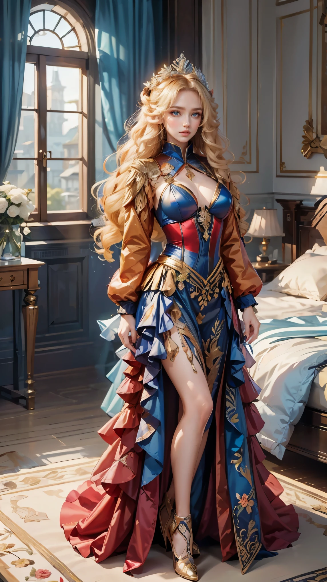 Best quality, masterpiece, ultra high res, raw photo, beautiful and aesthetic, deep shadow, fairy theme,(ultra detailed:1.3),
1girl, sexy pose, flower headdress, drill hair, long hair, blonde hair, gradient hair, yellow eyes, solo, huge breasts, big hair, blue hair, divine goddess, looking at viewer, indoors, queen bedroom, empress bed, room full of curtain, astraea, full body, red dress, puffy jacket, uniform dress,