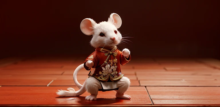 A cute mouse wearing traditional Chinese clothing,Doing Chinese Kung Fu action style effect keywords: Light clean red background 3D model Chinese traditional cultural elements in the style of linoleum prints woodcut style