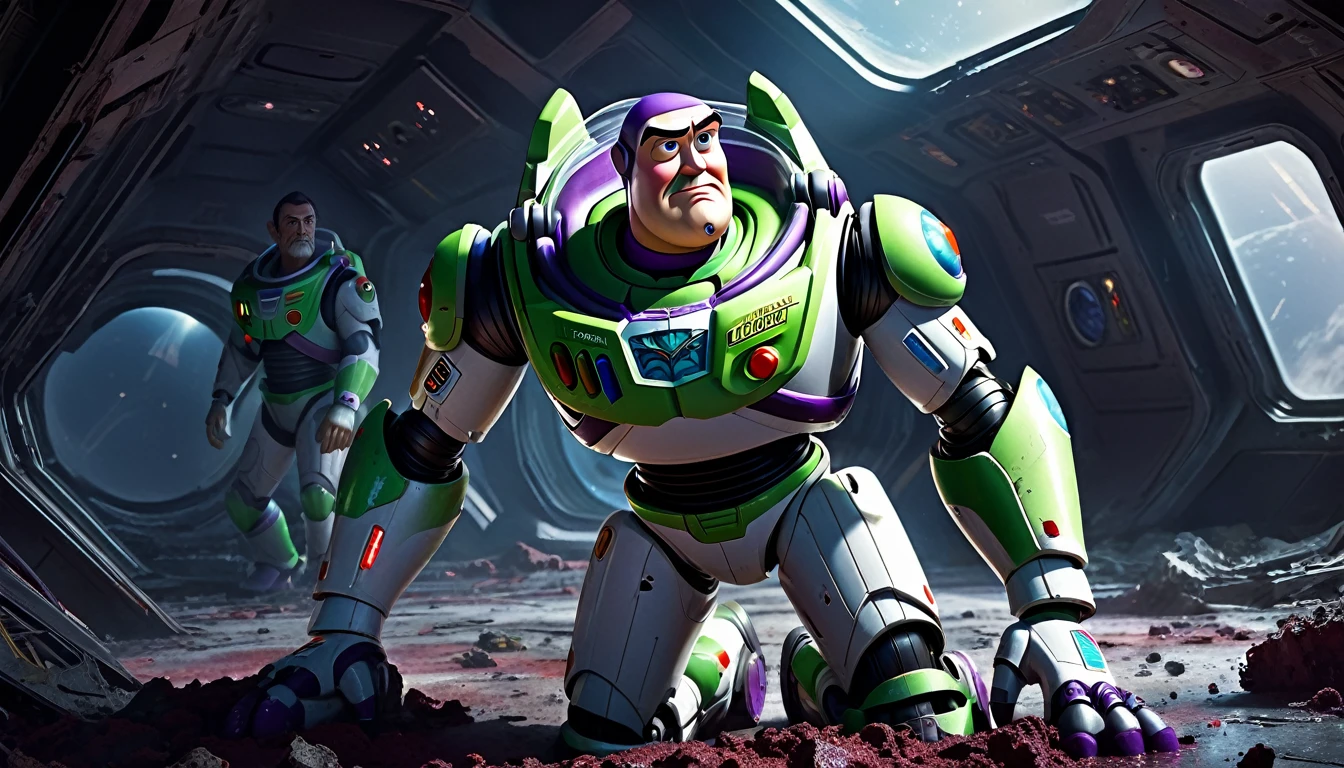 a rugged Sean Connery as Buzz Lightyear, searching a heavily damaged sci-fi spacecraft for survivors, the vessel shows signs of a bloody battle against alien invaders, gritty sci-fi horror atmosphere, full body portrait, highly detailed, hyperrealistic, cinematic lighting, dramatic shadows, muted color palette, moody, photorealistic