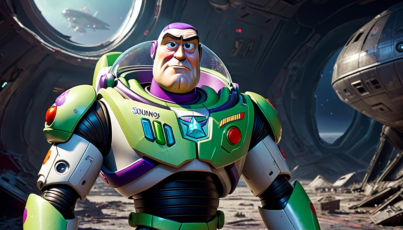 a rugged Sean Connery as Buzz Lightyear, searching a heavily damaged sci-fi spacecraft for survivors, the vessel shows signs of a bloody battle against alien invaders, gritty sci-fi horror atmosphere, full body portrait, highly detailed, hyperrealistic, cinematic lighting, dramatic shadows, muted color palette, moody, photorealistic