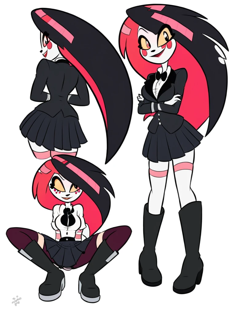 In the universe of Hazbin Hotel, human, but with her own essence, she captivates with her charming presence. With large light blue eyes that radiate a mysterious intensity, she wears a crisp white shirt paired with a black suspender skirt and a tight tie. Its design incorporates technological and modern details, long black hair with light blue strands reflecting the influence of Vox in its style. eternal elegance in the vibrant world of the Hazbin Hotel, standing out for his unique charisma and mastery of demonic technology. white background and that she is sitting there doing nothing and that she is whole, that she is seated and with her arms crossed, she is wearing a white shirt with a black skirt with straps, a black tie, long hair down to her waist, with a black tie, pleated skirt  with long black boots 