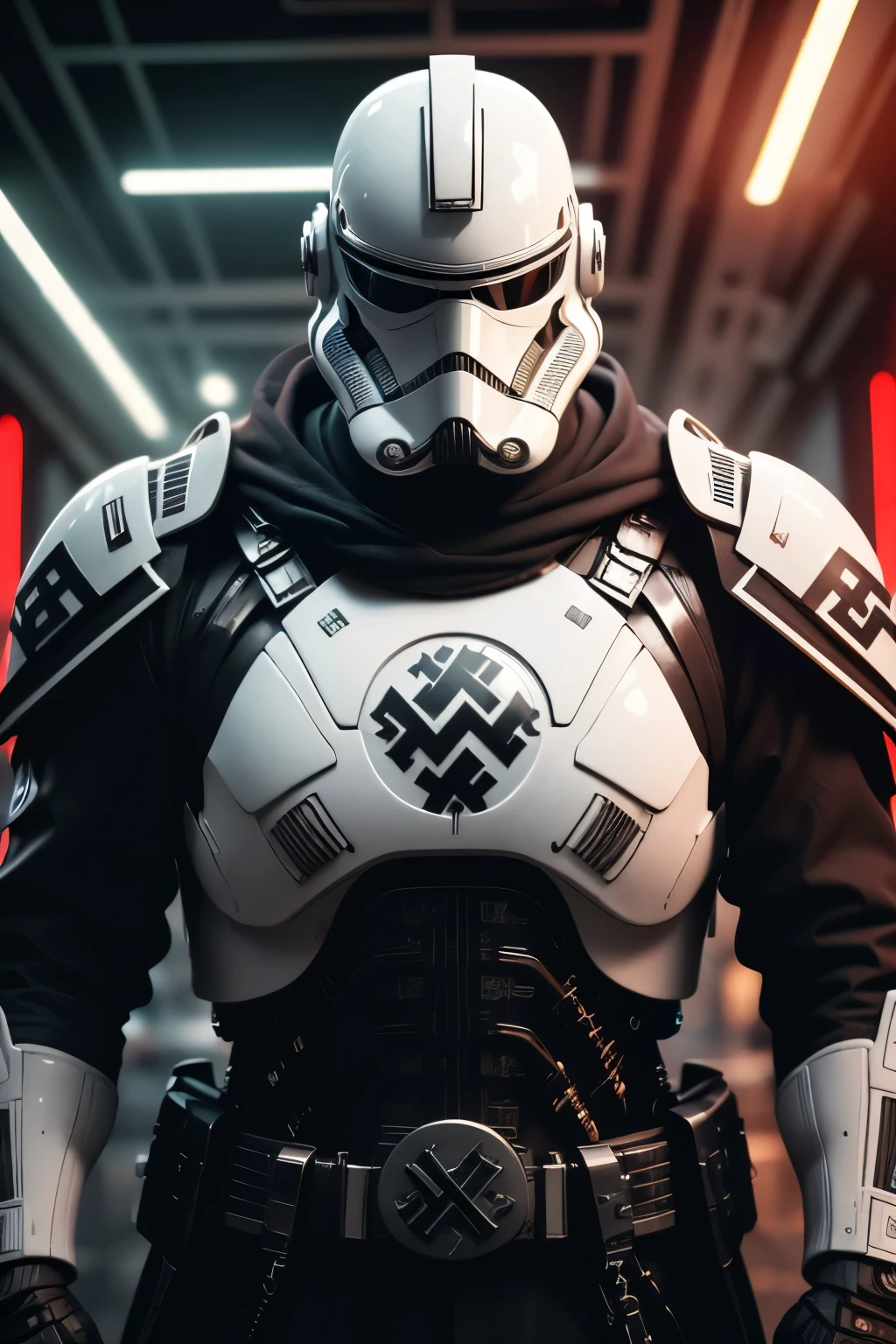 SH4G0D style cyberpunk-nazi, Stormtrooper-Nazi, broad shoulders black cloak (lights and switches on cheats) ((White Plate)) Nazi-Symbol 卐卍