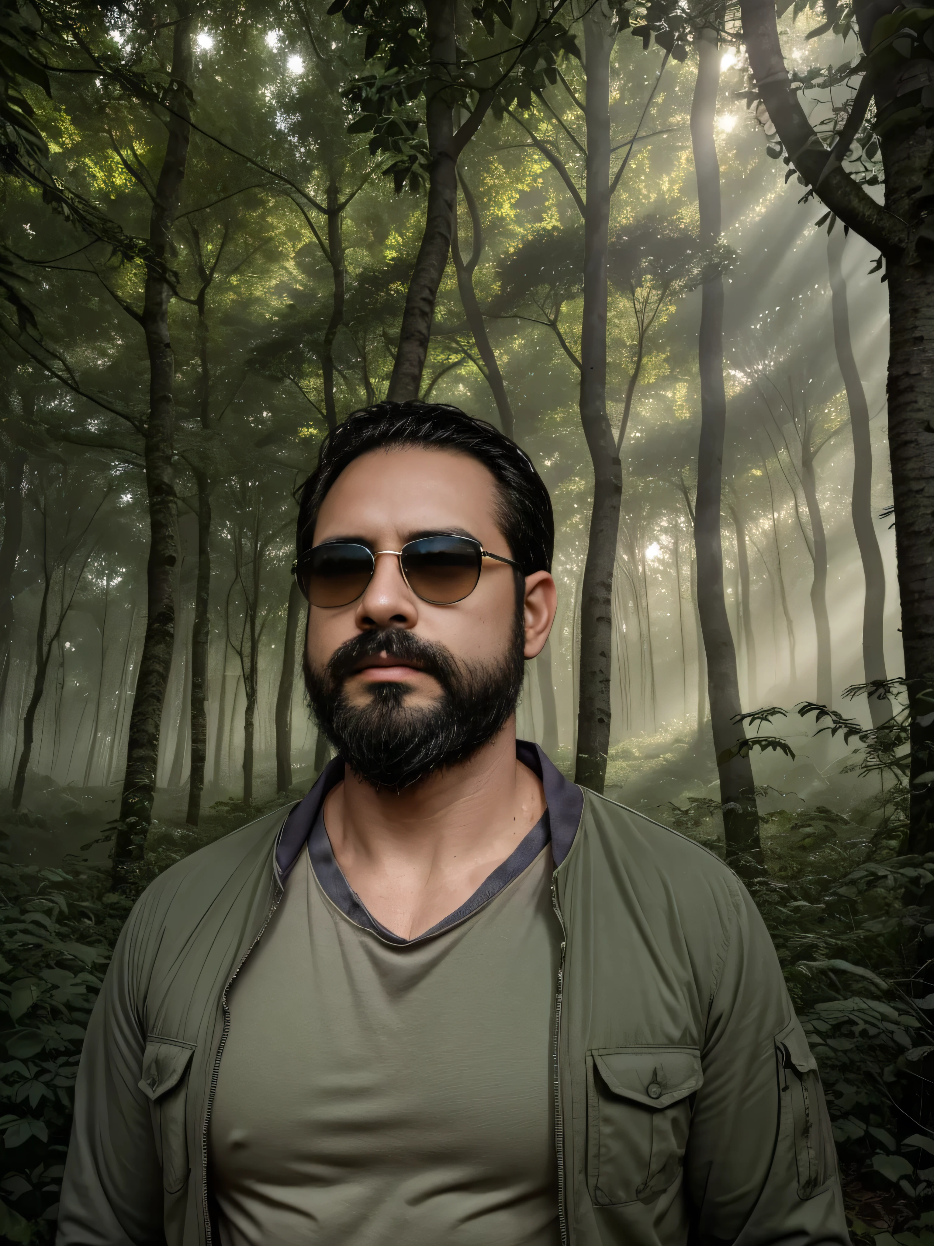 Create an ultra-detailed digital art image featuring a very masculine 38-year-old man with a beard and wearing dark sunglasses. He is shown in a medium shot, displaying the upper part of his body. The setting is a serene and mystical forest at dawn, with soft sunlight filtering through the trees. He wears a rugged, dark green jacket over a fitted shirt, blending with the natural surroundings. The forest is filled with lush greenery, dappled light, and an ethereal mist that adds a touch of magic to the scene. His expression is calm and contemplative, perfectly fitting the tranquil environment. The image should be rich in detail, capturing the texture of his clothing, the reflection in his sunglasses, and the serene beauty of the forest.