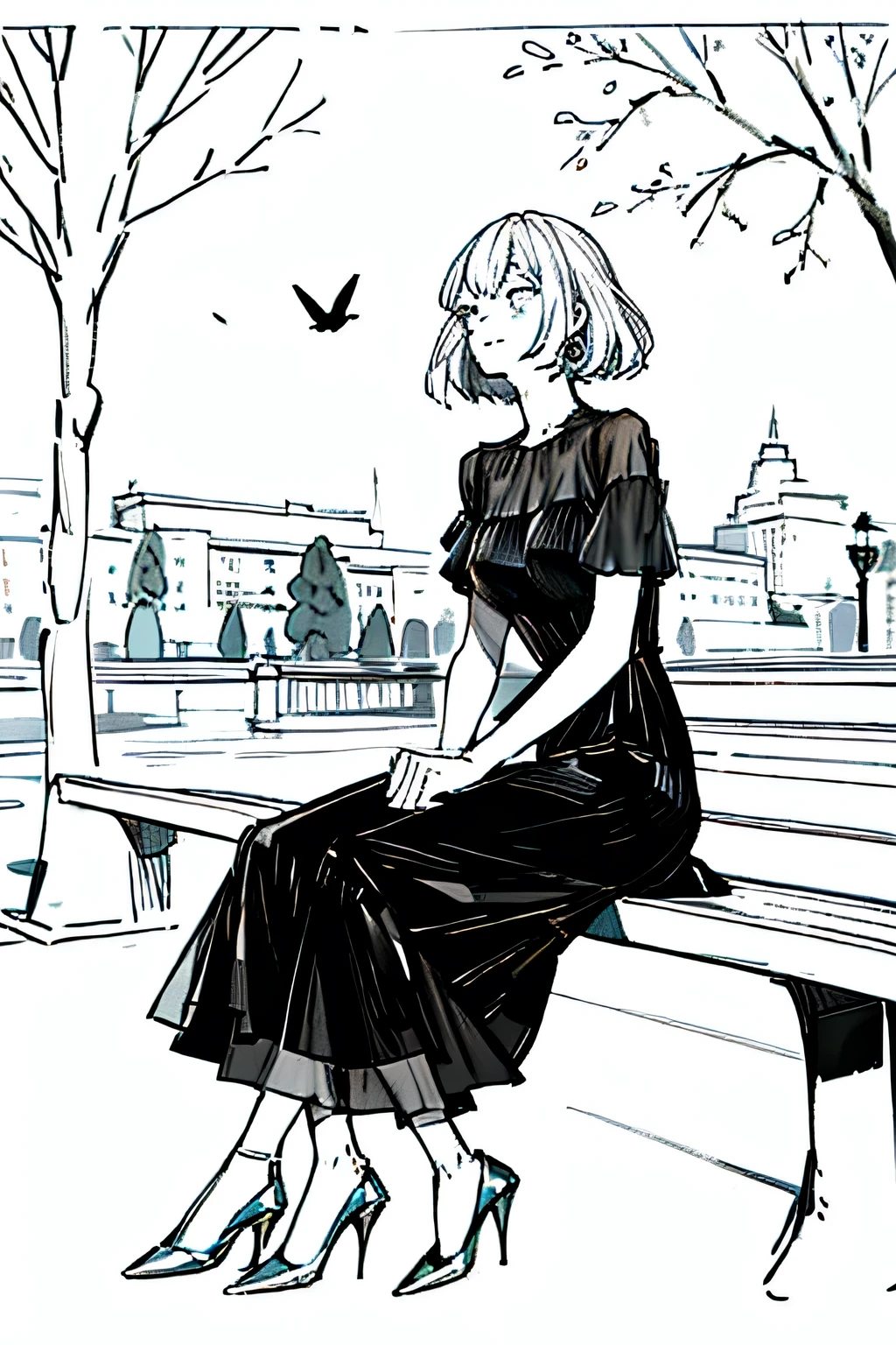 1girl, elegant dress sitting in a park