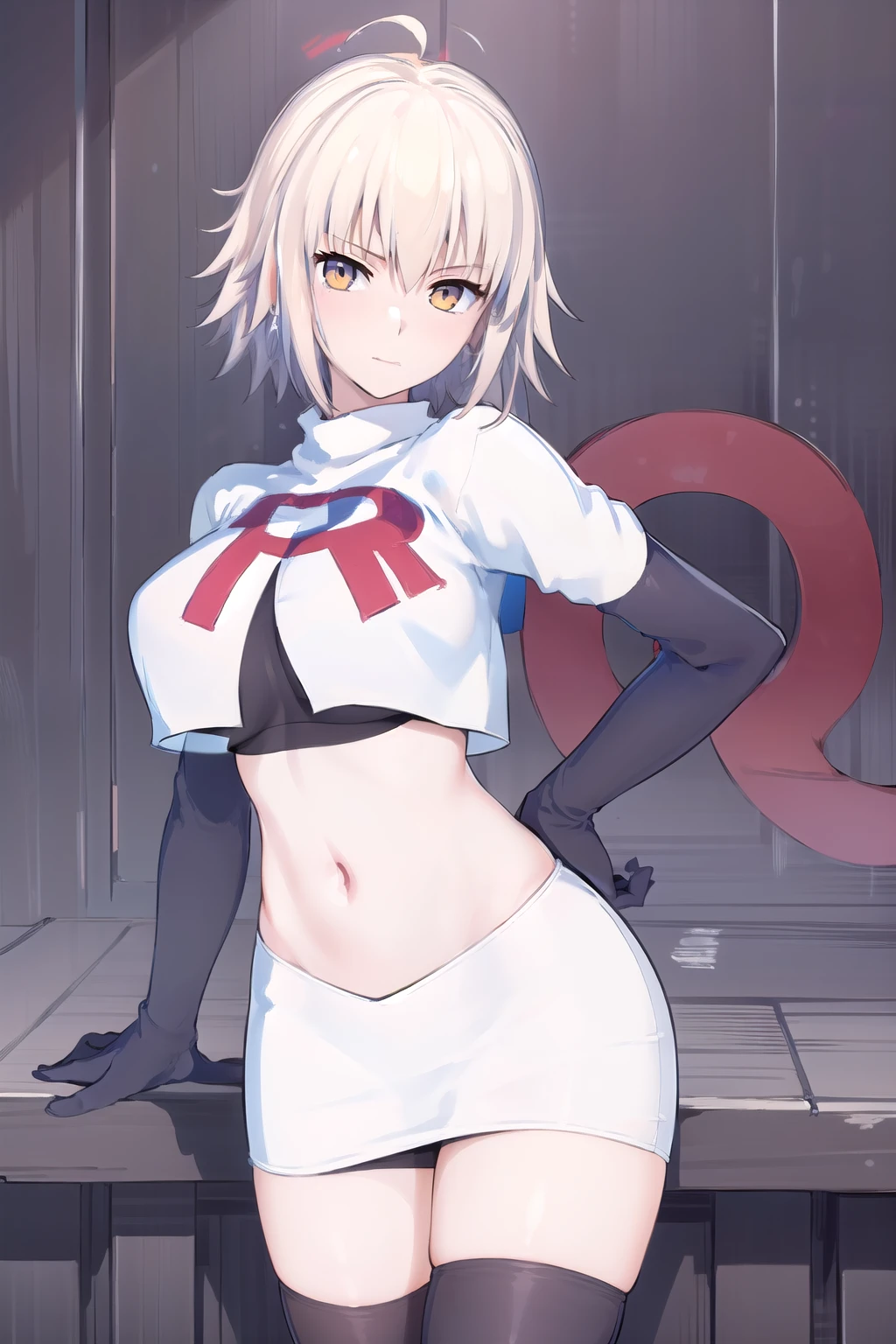 ((masterpiece, best quality,distinct image)), 1girl,solo, jeanne d'arc alter, large breasts, ahoge,looking at viewer, cowboy shot, team rocket,team rocket uniform,white skirt,red letter R,crop top,black thigh-highs,black elbow gloves