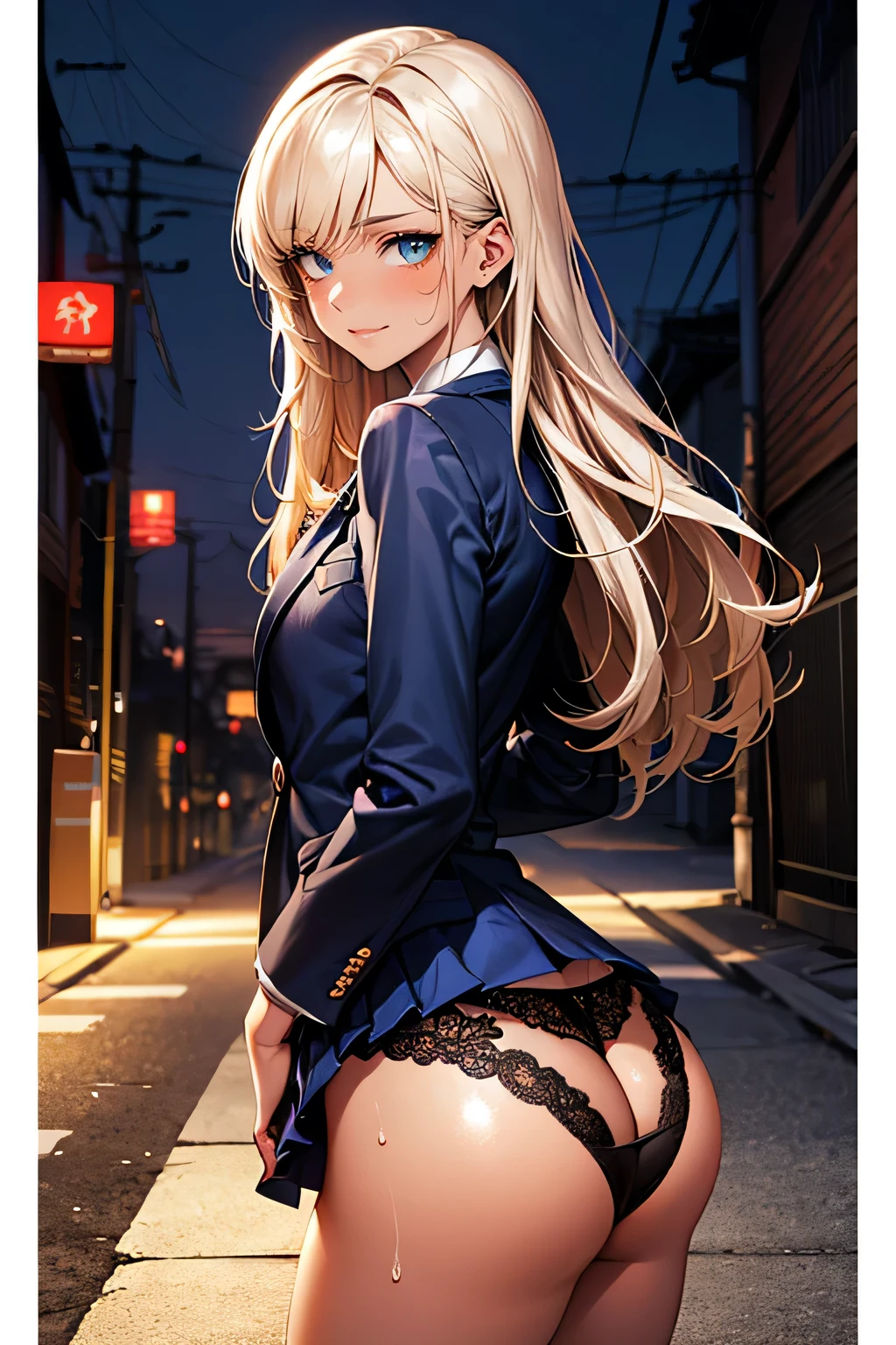 ((Perfect Anatomy:1.2,Realistic:1.3,RAW Photos:1.3,masterpiece、highest quality、Ultra - High resolution、High resolution、Highly detailed CG、8k)),Cowboy Shot. 1 female,alone,Young Woman,high school girl,beautiful girl,((Beautiful face and eyes:1.2,Big beautiful eyes:1.3,)),blonde,Long Hair,(Center parted hair:1.4,amount),Small Head:1.3,thin,(Provocative smile),((Brown Skin:1.4)),(Oily skin,Glowing Skin,Shiny skin,Sweat:1.2),(school uniform、Dark blue blazer jacket、Grey pleated mini skirt),(Showing viewers a black lace thong),Beautiful ass,((Big Ass)),Exposed thighs,Beautiful thighs. Dirty back alley、(dark),(At night)、Tokyo.