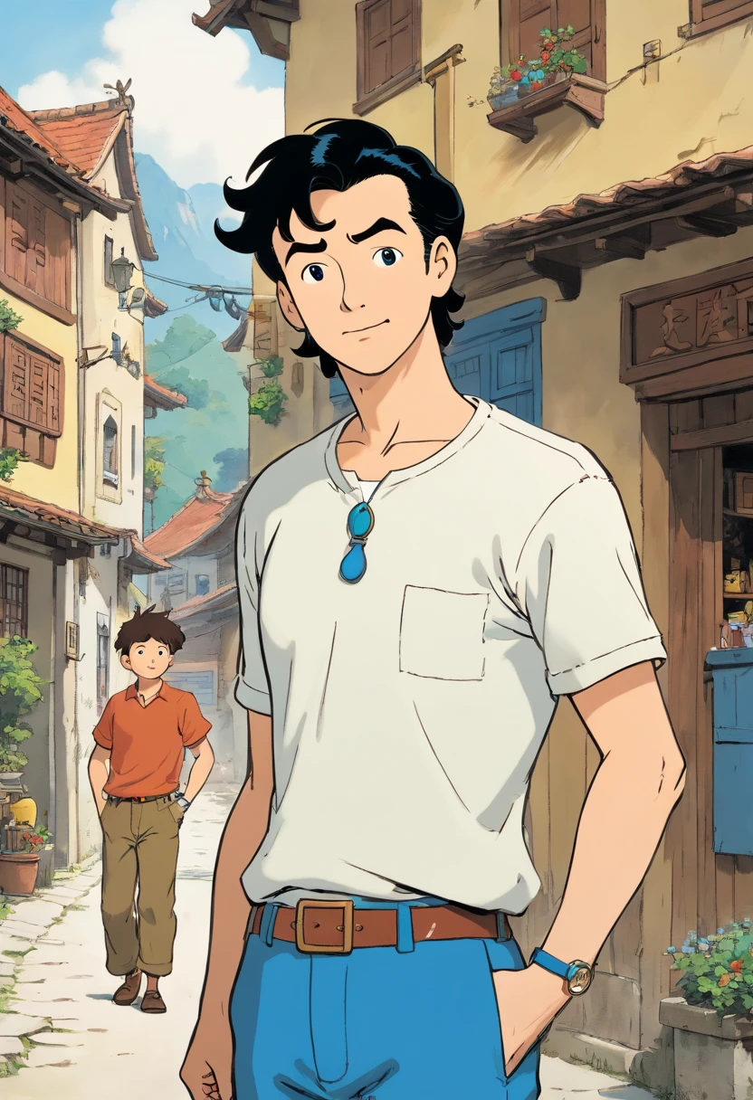 Tintin, 40 years old male wearing white t-shirt and blue brown cargo pants, nearly bald curly black hair, herge, european comics, heroic pose, Indonesian village, with blue eyes black horse