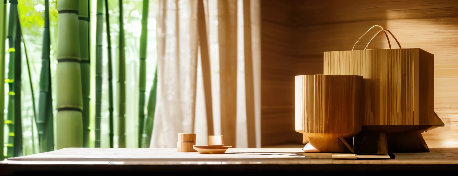 a wooden table in a bamboo forest, a gift box on the table, detailed wood grain, sunbeams filtering through the bamboo, warm natural lighting, intricate bamboo leaves, photorealistic, high resolution, cinematic, muted colors, peaceful atmosphere,House made of bamboo