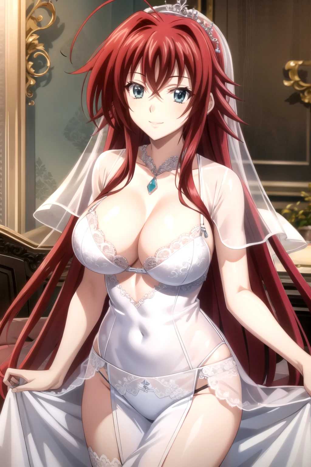 This is_DXD_Rias, 1 girl, Rias gremory, long hair, solitary, garlic, Red hair, , Chest, Hair between the eyes, very long hair, large Chest, Green Eyes, Everlasting, shut up, Bangs, blue eyes, huge garlic, Side Chain, Wedding dress, bride, Smile, bra,bride,underwear,lingerie