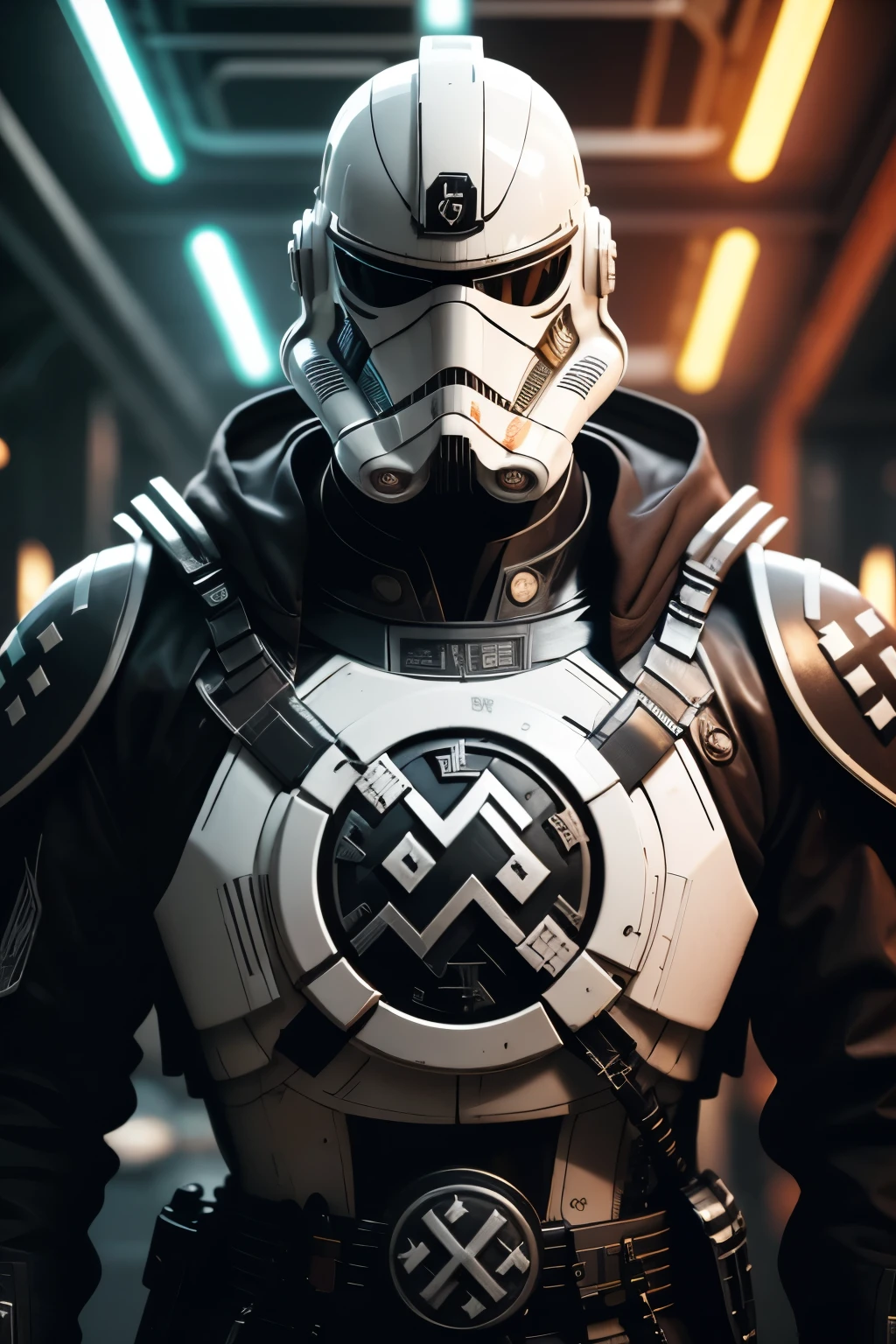 SH4G0D style cyberpunk-nazi, Stormtrooper-Nazi, broad shoulders black cloak (lights and switches on cheats) ((White Plate)) Nazi-Symbol 卐卍