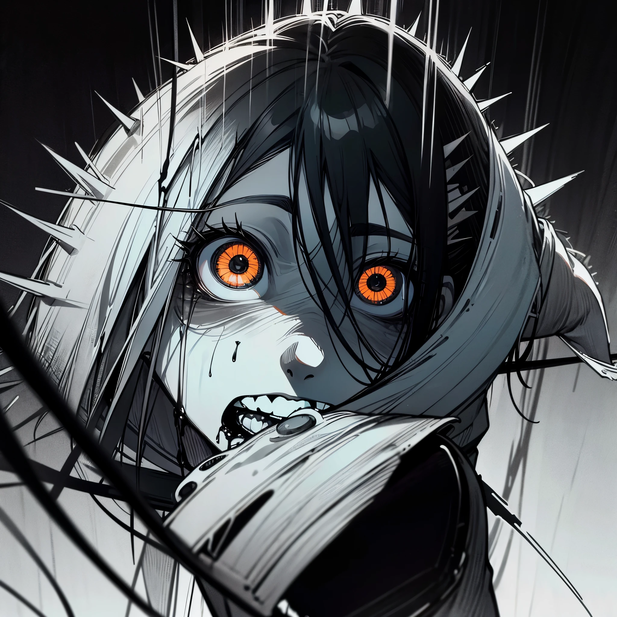 A young boy with pale skin, black eyes with large circles under his eyes, short spiky black hair, traumatized face, a gray blouse with a long black sleeve underneath, long black pants and dirty and torn white sneakers