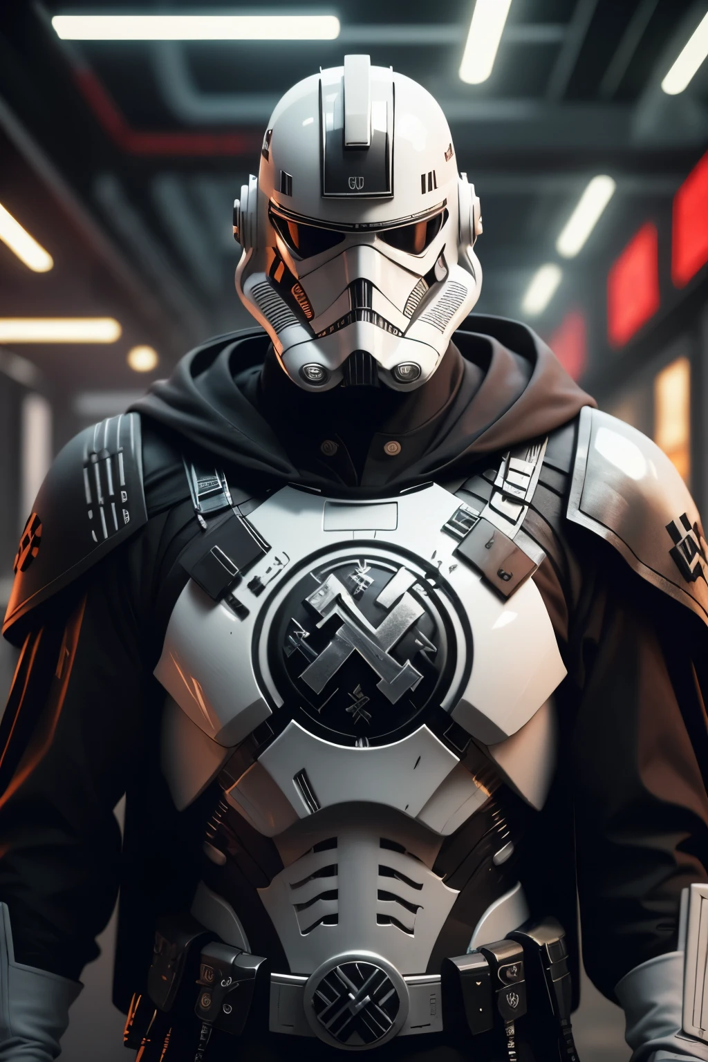 SH4G0D style cyberpunk-nazi, Stormtrooper-Nazi, broad shoulders black cloak (lights and switches on cheats) ((White Plate)) Nazi-Symbol 卐卍