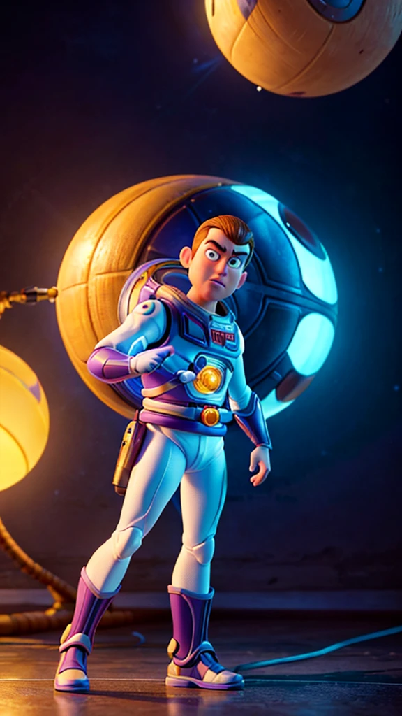 cinematic portrait of buzz lightyear, highly detailed, intricate details, realistic, photorealistic, 8k, hyper realistic, sharp focus, dramatic lighting, metallic body, glowing lights, space ranger uniform, heroic pose, determined expression, looking sideways, dramatic shadows, vibrant colors, sci-fi, cinematic