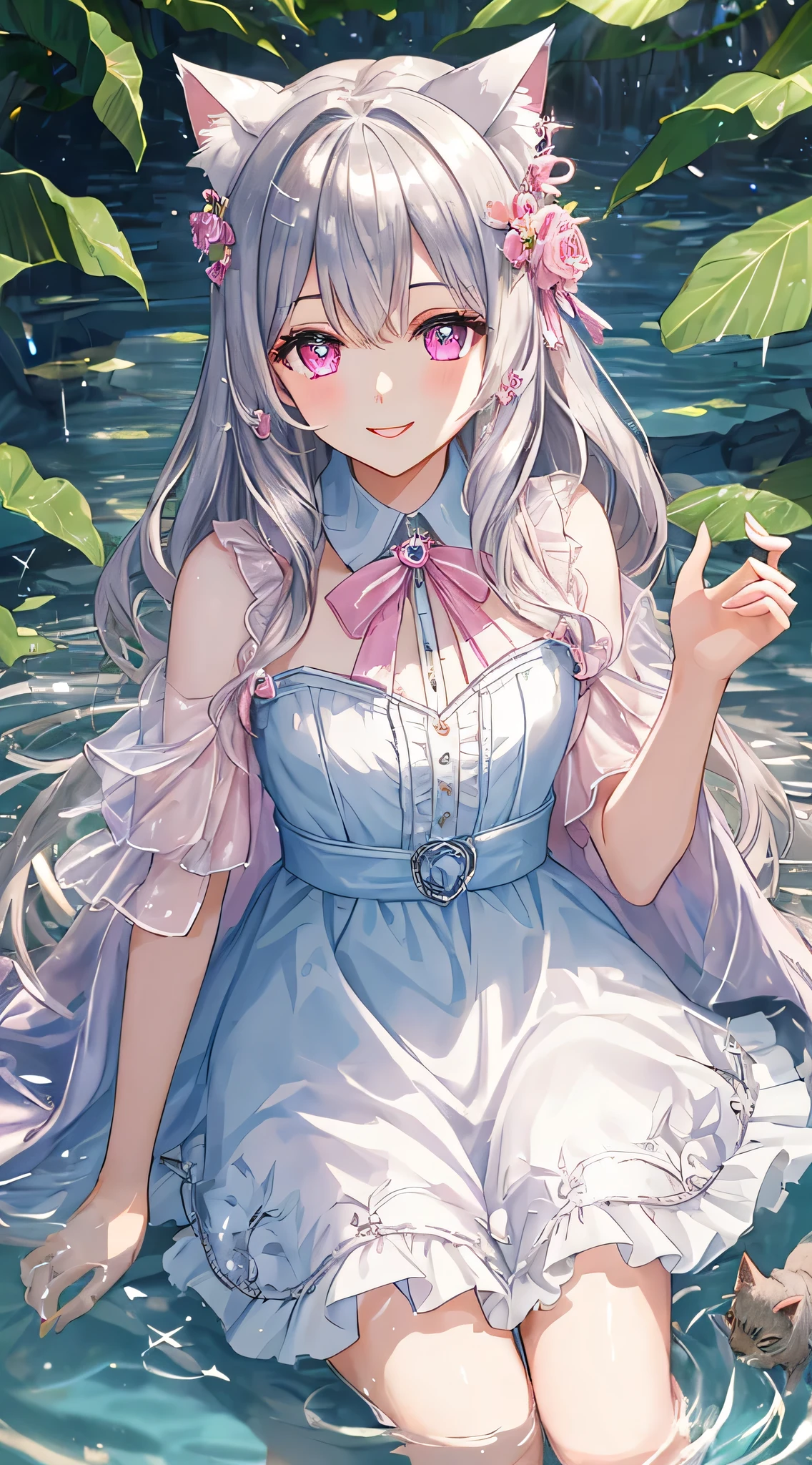 masterpiece,highest quality,Highly detailed face, water effects、Light effects、Feather Effect,Sparkling eyes,Highlighted eyes, Mid-chest,pretty girl,smile,Embarrassing,Cat ear,Beautiful silver hair,Pink inside,Beautiful pink eyes