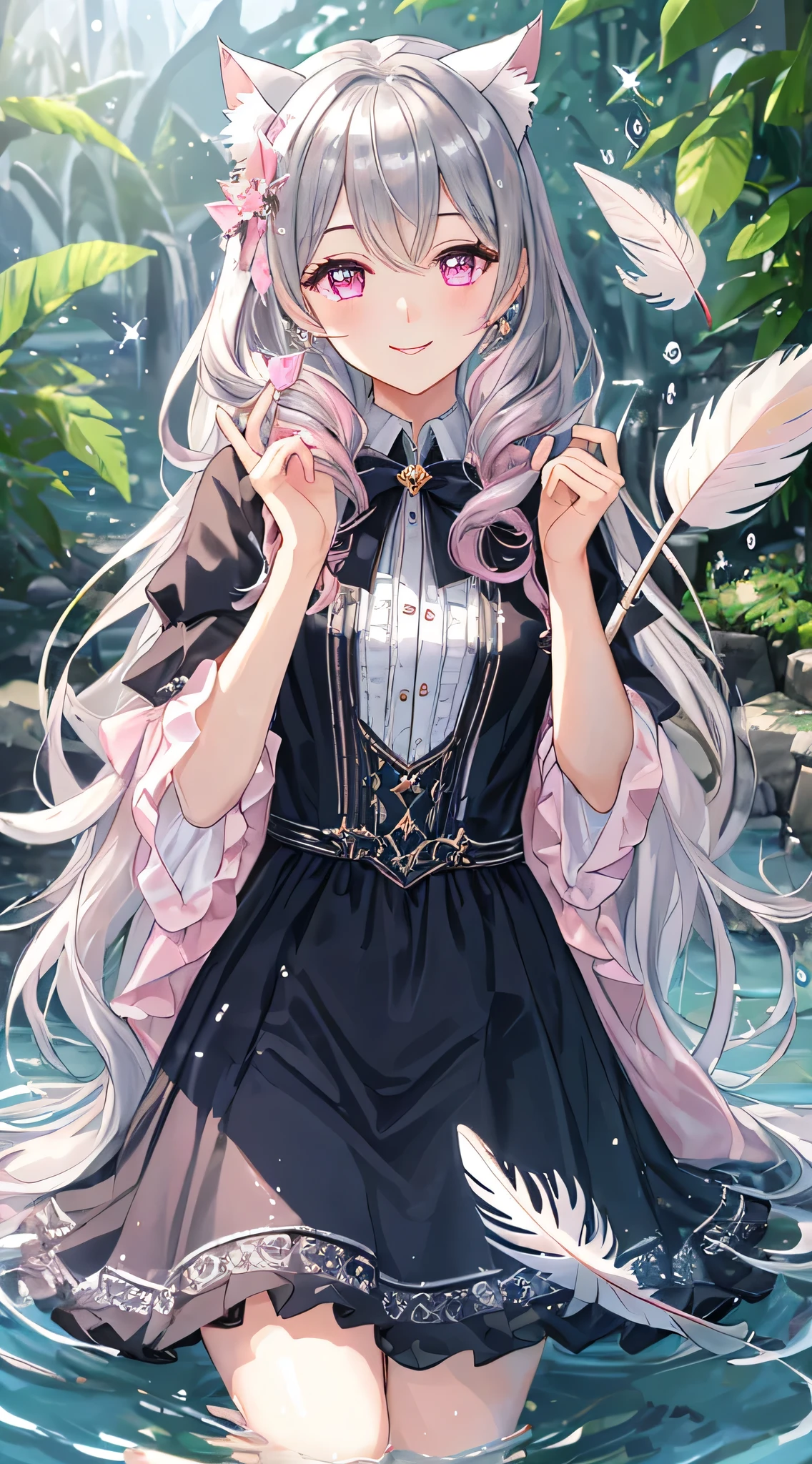 masterpiece,highest quality,Highly detailed face, water effects、Light effects、Feather Effect,Sparkling eyes,Highlighted eyes, Mid-chest,pretty girl,smile,Embarrassing,Cat ear,Beautiful silver hair,Pink inside,Beautiful pink eyes