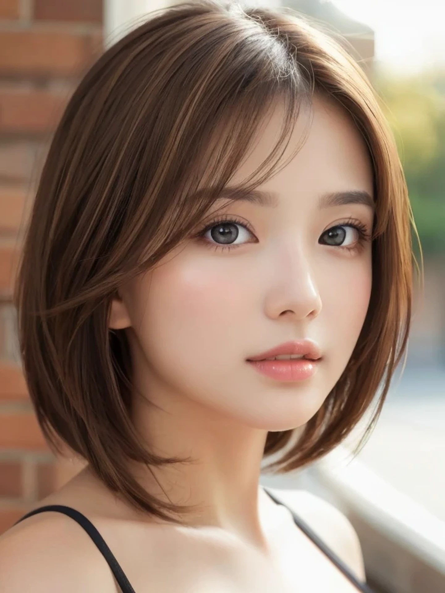 masterpiece, highest quality, High resolution, wallpaper, realistic, (bright lighting:1.4), professional lighting, face light, smooth lighting, (shoot from front:1.8), 1 girl, cute, sleepy, open mouth to say something, shy, Beautiful girl, sexy, super beautiful, beautiful skin, beautiful and detailed eyes、detailed face、slim、moderately, short hair, brunette colored hair, brown eyes, Professional Photography,
