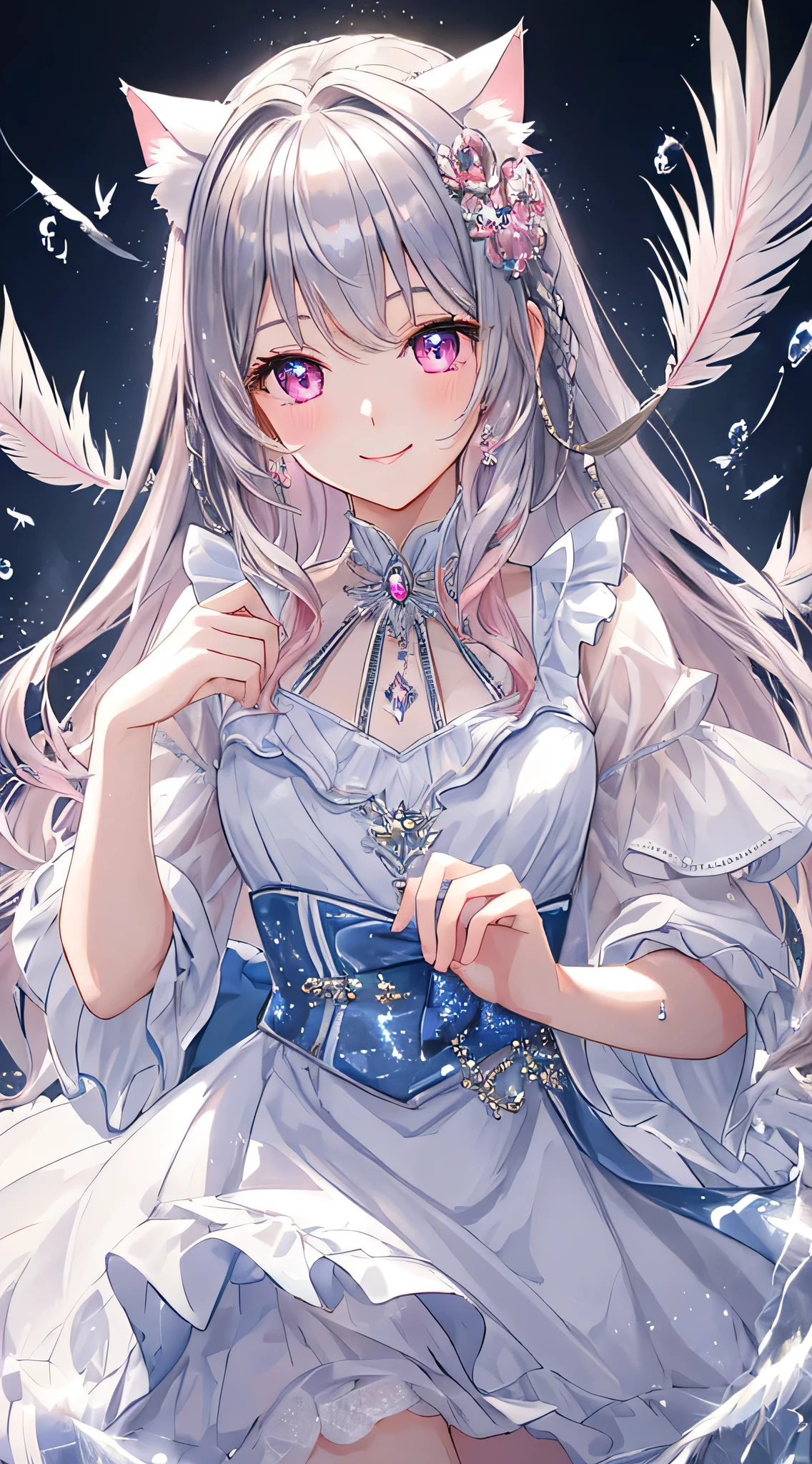 masterpiece,highest quality,Highly detailed face, water effects、Light effects、Feather Effect,Sparkling eyes,Highlighted eyes, Mid-chest,pretty girl,smile,Embarrassing,Cat ear,Beautiful silver hair,Pink inside,Beautiful pink eyes