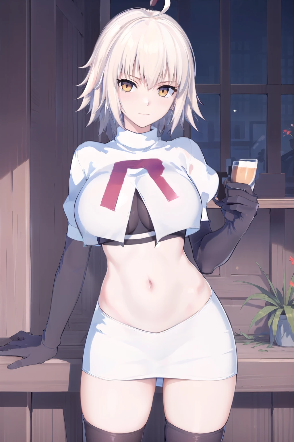 ((masterpiece, best quality,distinct image)), 1girl,solo, jeanne d'arc alter, large breasts, ahoge,looking at viewer, cowboy shot, team rocket,team rocket uniform,white skirt,red letter R,crop top,black thigh-highs,black elbow gloves