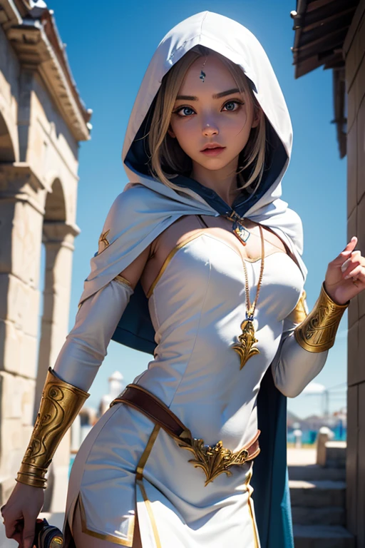 Uma foto de corpo inteiro da Princesa Zelda, cabelo castanho, olhos azuis, vestido como um Assassino de Assassins Creed, Em branco+gold with white mask and hood with gold details, Busto XL, using a wrist blade. Fundo: A city during the Renaissance period. motor irreal 5, Anime, Estilo anime, Obra de arte, Olhos bem desenhados, rosto bem desenhado, olhos bem detalhados, rosto bem detalhado, 8K, efeito de luz e sombra.