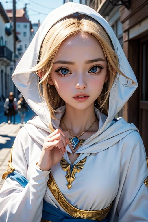 Uma foto de corpo inteiro da Princesa Zelda, cabelo castanho, olhos azuis, vestido como um Assassino de Assassins Creed, Em branco+gold with white mask and hood with gold details, Busto XL, using a wrist blade. Fundo: A city during the Renaissance period. motor irreal 5, Anime, Estilo anime, Obra de arte, Olhos bem desenhados, rosto bem desenhado, olhos bem detalhados, rosto bem detalhado, 8K, efeito de luz e sombra.