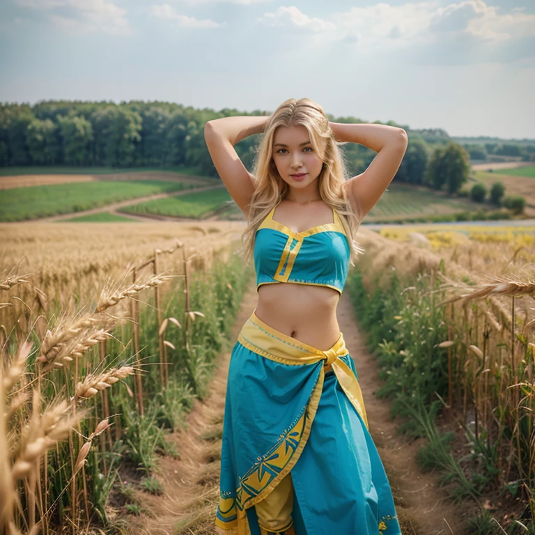 Beautiful woman, 24 years, Ukraine 🇺🇦 , ukrainian ethnicity, blonde, cultural costumes yellow blue, wheat field