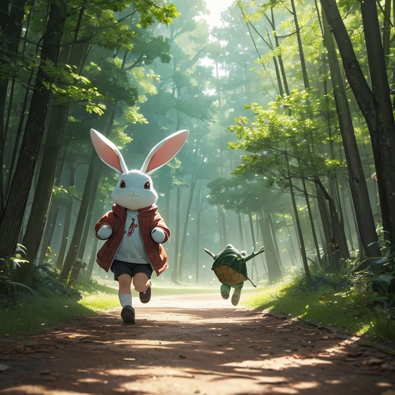 The finest image, Q version of the character rabbit and a turtle running with their hands covered, Background field, forest