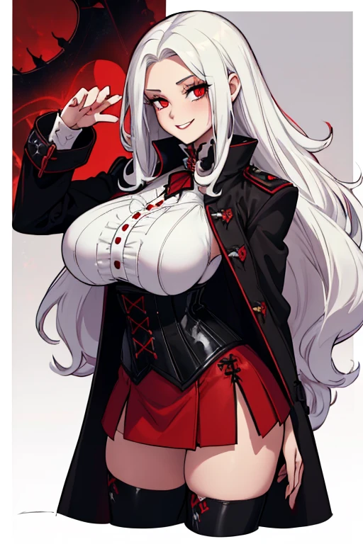 female, white long hair, red eyes, (((1girl))), (((black cropped gothic coat with red trim))), (white corset with black trim), (black skirt), (black thigh high heeled boots), cute and sexy, full body, huge breasts, huge butt, long legs, smiling