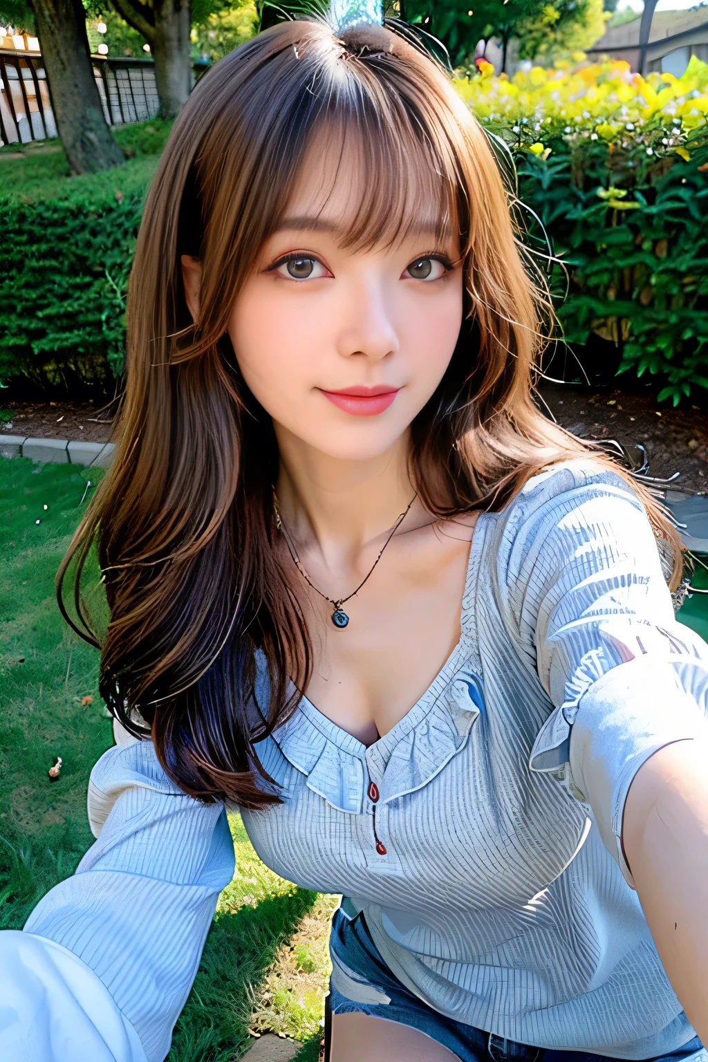 ((Full Body Angle:1.1)),((highest quality, 8K, masterpiece: 1.3)), from below.concentrated: 1.2, Cute girl 1,Nipples erect、 Perfect beauty: 1.4, Ruffle-trimmed button-up puff-sleeve blouse、Denim shorts: 1.2,Long sleeve、Randall Color、comics&Text Graphics、Black ruffle-trimmed drawstring zip blouse,1.1, Highly detailed face and skin textures, Fine grain, double eyelid, whitening skin, ,highest quality,Ultra-high resolution,you,1 girl,alone,_Shiny_skin,Iris,necklace,((Brown_length_Wavy_hair)),(lips)),eyelash,Front hair,deal with,compensate,Shiny,pore,skin texture,Large Breasts、smiling face、garden、Selfie、