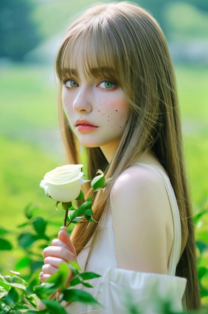 One girl, alone, flower, Long white hair, Ultra-realistic, Top Lighting Rendering，Green Forest Park， Holding, holding flower, Brown Hair, View Lens, The background is blurred, Mole under the eye, Blurred, Kuroko, Upper body, Brown eyes, 枝のflower, 頭に繊細で美しいflower輪を着けましょう, lips, White Rose, ，Enjoy the afternoon sun，8K Raw Photos, Butterflies around the body, Dream Baby, ((There&#39;s a little snow on my nose)), Giwo, Cute smile,whole body,Slender women