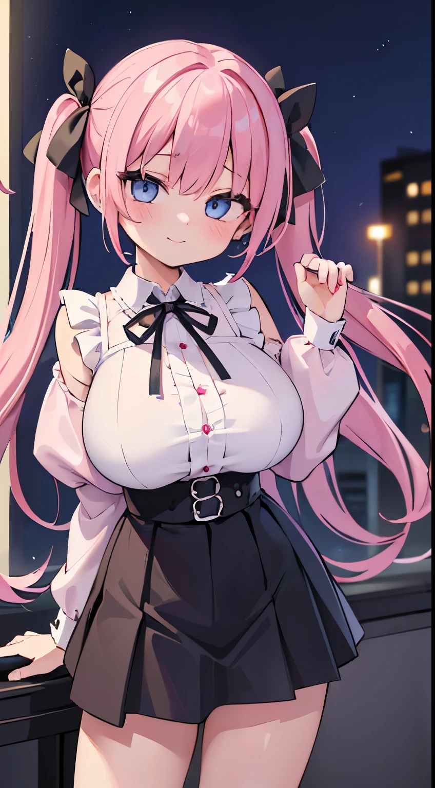 (masterpiece、top-quality、ultra-detailliert)、((1 girl))、((Pink hair twin tails))、light blue eyes、evilsmile、piercings、((very Bigger breasts))、jirai fashion、pink clothing、frilld、a black ribbon、Black miniskirt、cowboy shot、Downtown background at night