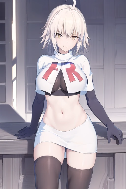 ((masterpiece, best quality,distinct image)), 1girl,solo, jeanne d'arc alter, large breasts, ahoge,looking at viewer, cowboy shot, team rocket,team rocket uniform,white skirt,red letter R,crop top,black thigh-highs,black elbow gloves