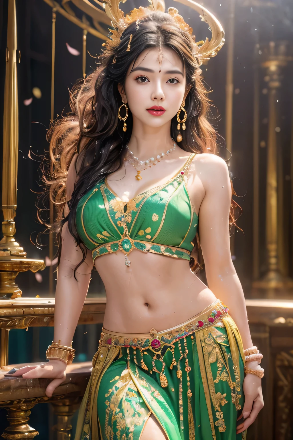 NSFW. Jasmine 1girl, solo, breasts, smile, open mouth, navel, bare shoulders, jewelry, earrings, midriff, see-through pants, necklace, bracelet, see-through off-shoulder shirt, diadem with blue gem, holding white flower, multi-tied hair, Arabian clothes (realistic:1.2), (realism), (masterpiece:1.2), (best quality), (ultra detailed), (8k, 4k, intricate),(full-body-shot:1), (85mm),light particles, lighting, (highly detailed:1.2),(detailed face:1.2), (gradients), colorful, (detailed eyes:1.2), (detailed background), detailed landscape, (dynamic angle:1.2), (dynamic pose:1.2), (rule of third_composition:1.3), (Line of action:1.2), Hyacinth