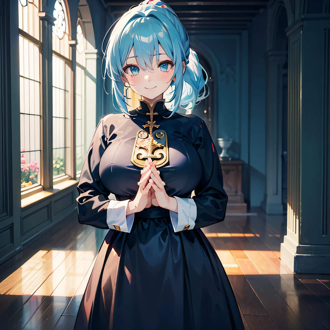 Anime Moe Art Style,highest quality,High resolution,Anatomically correct,One Girl,Mid-teens,A girl with light blue hair in a ponytail,Super detailed,Fantasy World,Sister clothes,Monastic Clothes,Big Breasts,A rich expression,smile,Rubbing his hands together,Chapel,Eyes drawn in detail,8K