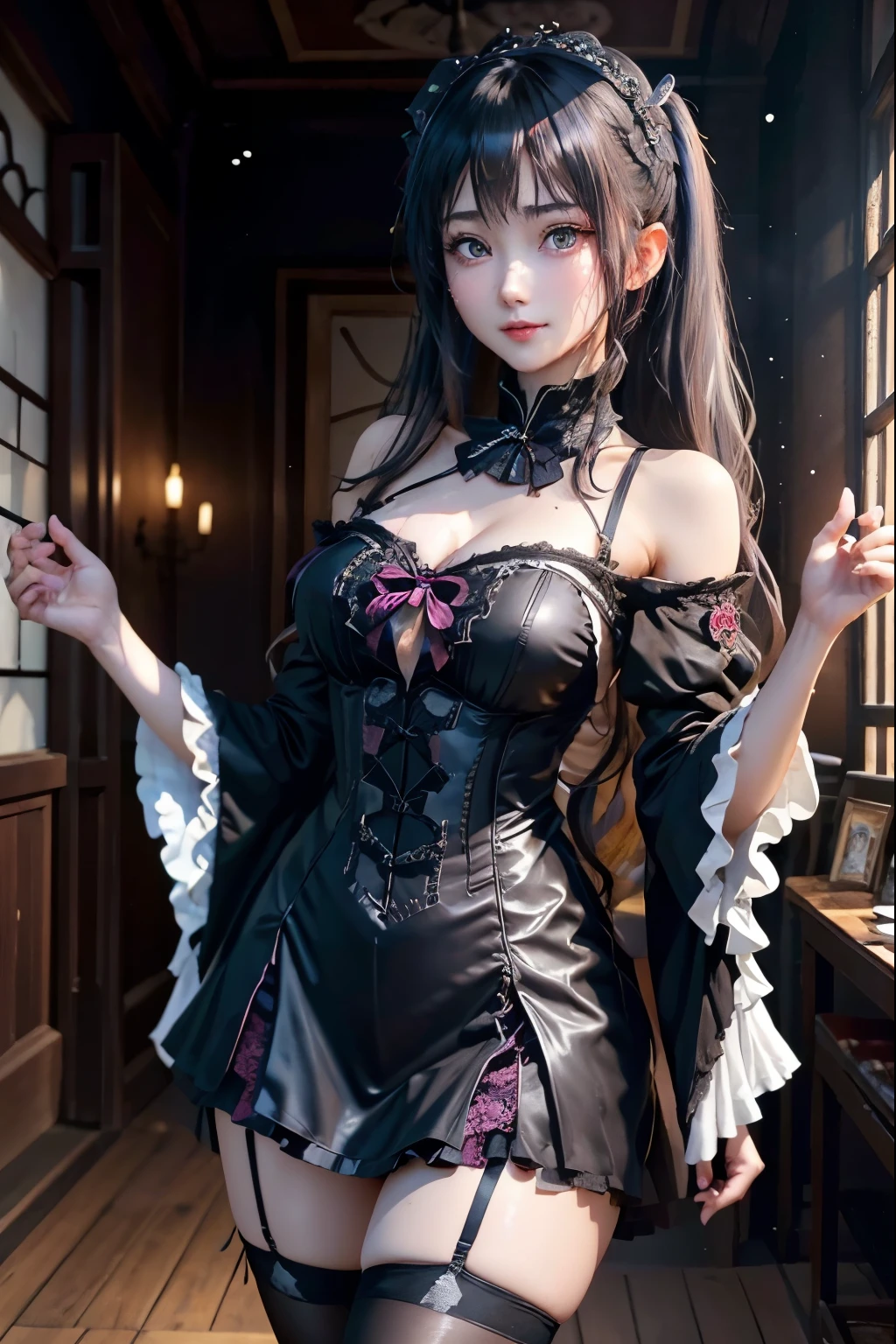ハードDark Gothicメイク、Deep Night Sky、Horror、Black dark eyeshadow、cry、sad、Good skin radiance、Dark Gothicメイク、Dark smile、palace、The beauty of fragrance、24-years-old、Expressions of intense sexual pleasure、Embarrassed look、Dark Gothic、Obscene language、highest quality、Drunk face、紫のMaid clothes、Mysterious、Noble、sexy、Loving smile、Twin tail hair、Right blue eye, Left eye is red、Platform Heel Shoes、Heavy makeup、Gothic ta Clothing、A little slimmer、Silver Hair、Long Hair Straight Hair、Cute Gothic Loliress、Beautiful Face、elegant features、Fascinating face、Stained glassが背景、Chest glistening with sweat、The room is dark、goth long dress、Bell Sleeves、Wizard Sleeve、Decadent look、Sexually excited expression、Glossy thighs wet with water、Thighs that are wet and shiny with oil、Background of a room full of roses、sad表情、Rose Maiden、The embroidery is pink、The dress has pink embroidery、Thigh-high socks、Knee-high socks、Gentle expression、Dark black eyeshadow、Stained glassと薔薇背景、Female Duo、Female couple、dark church background、Stained glass、Black metal world、Dark Castle、Dark Room、Slender body、upright、walk、Are standing、gothic long dresaid clothes、Victorian dresses、Her thighs glisten with sweat、My body is wet and shiny、Lots of glitter on the thighs、sweating、My thighs are sticky from sweating、Sweat glistens on the thighs, The whole body is sweaty and shiny、Quite sweaty、My thighs are sweaty、My thighs are so wet、My thighs are shining with sweat、A lot of sweat glistens all over the body、The thighs are the best、Thighs are glamorous、Small breasts、Playing guitar、Singing while playing the guitar、les paul guitar、Holding a guitar、Playing in a band、Playing guitar chords、