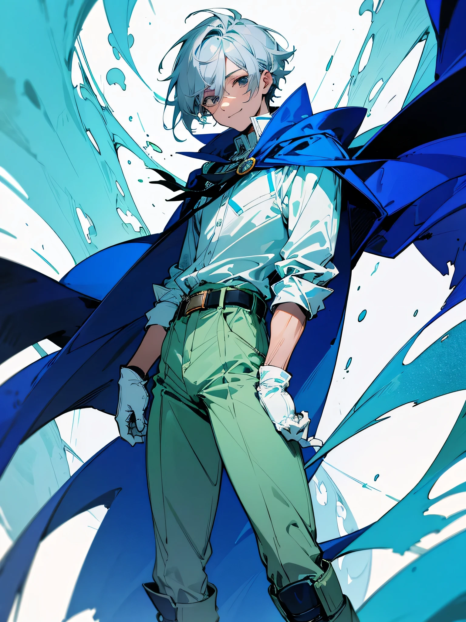 Tall man in his 25s with gray hair, gray eyes. Wearing a blue hooded cape, dressed in a white button shirt, green shorts, and blue gloves. He also wears a belt and boots. Pose masculina. Sonriente. Fondo con humo colorido. Humo magico. Color psicode