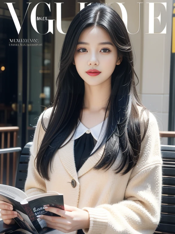 A girl reading a magazine in the city, the book cover is VOGUE, beautiful detailed eyes, black hair, wearing a uniform, beautiful detailed lips, very detailed eyes and face, long eyelashes, smiling, natural light, Photorealistic, 8K, highly detailed, high quality, masterpiece, vibrant colors,
